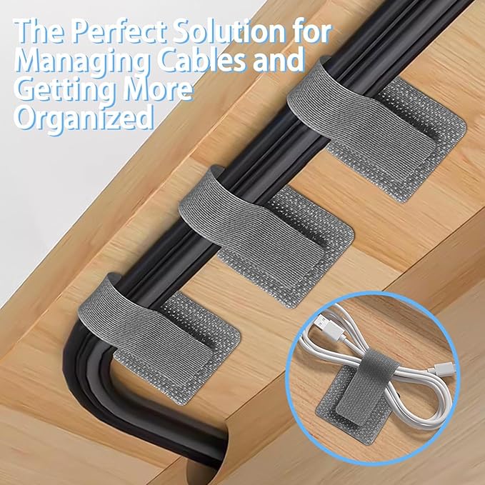 100 Pack Reusable Cable Management Ties, Adjustable Hook and Loop Cord Organizer, Strong Adhesive Wire Clips for Desk and Wall, Cable Holder for Home Office TV Computer, Grey