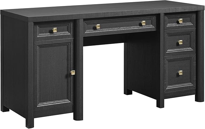 Farmhouse Black Office Desk with Drawers, 58” Executive Desk for Work Study, Home Writing Desk with Gold Knobs, 5 Different Sizes Drawers and Storage, Workstation for Study Room Living Room