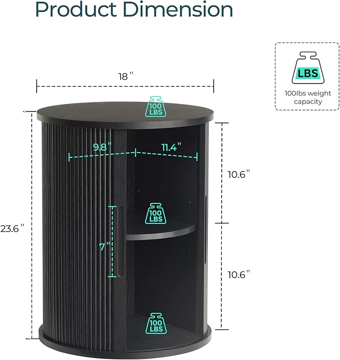 LINSY HOME Round Fluted End Table, Tall Side Table with Sliding Tambour Door and Storage Shelf, Mid Century Modern Nightstand for Living Room, Bedroom, Black