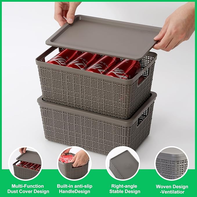 6 Pack Plastic Storage Baskets With Lids,Grey Breathable Stackable Storage Bins,Small Storage Containers,for Organizing Storage Baskets on Desktops,Closets,Playrooms,Classrooms,Offices