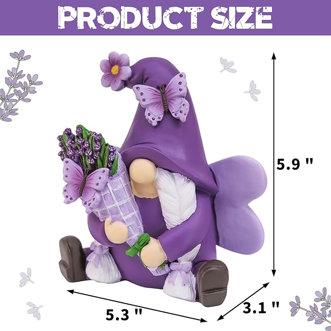 Lavender Gnomes Decor, Spring Resin Garden Gnome Decorations for Home Indoor/Outdoor Pastel Purple Spring Lavender Decorations Farmhouse Butterfly Gnome