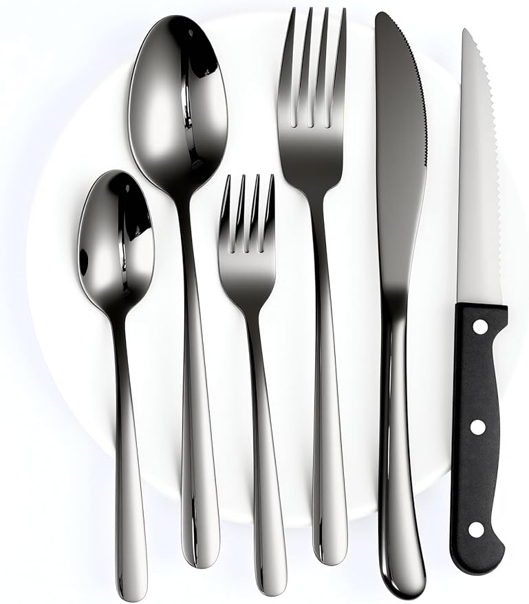 Elegant Tableware Set, 24-Piece Black Silverware Set with Steak Knives, Black Flatware Set For 4, Food-Grade Stainless Steel Set, Dishwasher Safe, Elegant Home Tableware And Dining Utensils