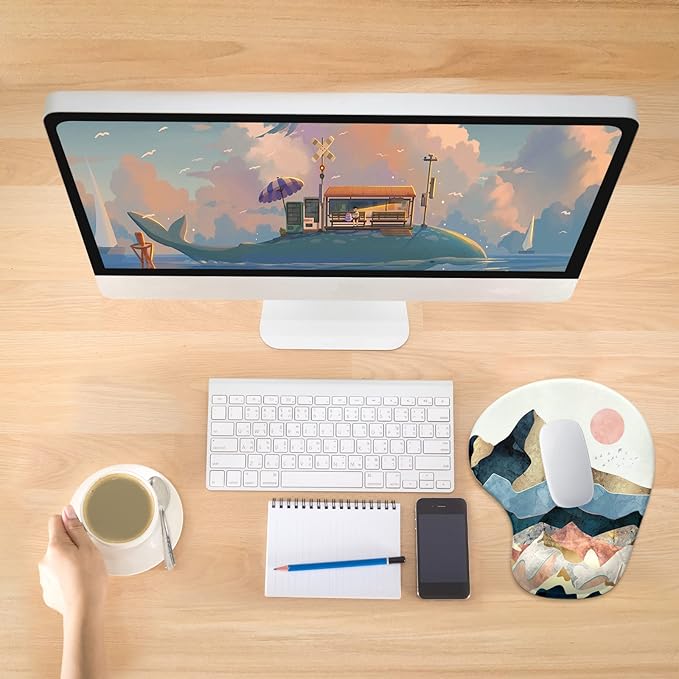 Hsurbtra Ergonomic Mouse Pad with Wrist Rest Support, Gel Mouse Pads with Non-Slip PU Base, Pain Relief Memory Foam Computer Mat, Cute Office Supplies Desk Decro Accessories, Sunset