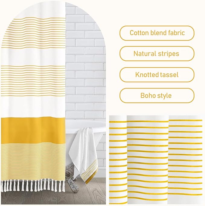 Awellife Boho Yellow Shower Curtain for Bathroom Farmhouse Cotton Stripe Tassel Shower Curtain Natural Texture 78" L x 72" W