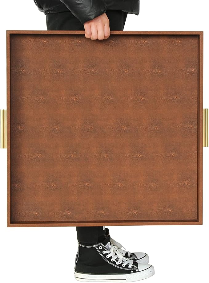 HofferRuffer Extra Large Square Serving Tray, Elegant Faux Leather Ottoman Tray with Gold Hardware Handles, Serve Tea, Coffee or Breakfast in Bed, 24 x 24 inches (Brown Shagreen)