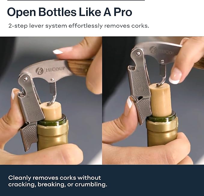 Hicoup Wine Opener - Professional Corkscrews for Wine Bottles w/Foil Cutter and Cap Remover - Manual Wine Key for Servers, Waiters, Bartenders and Home Use - Stainless Steel w/Moonstone Resin Inlay
