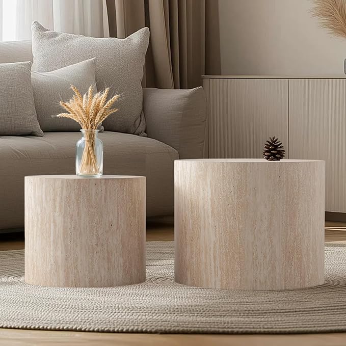 Round Drum Coffee Table Travertine Nesting Coffee Table Set of 2 for Living Room Modern Luxury Wood Side Tables Stacking Accent End Table for Apartment,Travertine