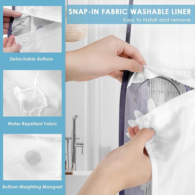 No Hook Flower Daisy Shower Curtain with Snap in Fabric Liner Set, Purple Wooden Boards Double Layers Waterproof Fabric with See Through Top Window Open Grommet Bath Curtain 54x80 Inch