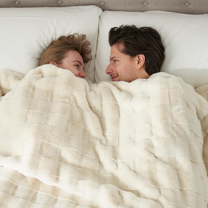 Cozy Bliss Fluffy Faux Fur Blanket King Size for Bed, Fuzzy Soft Striped Plush Blanket, Thick Throw for Bedroom Couch Gift, 108x90 Inches Cream White