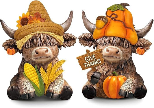 Karenhi 2 Pcs Fall Thanksgiving Day Highland Cow Figurines Harvest Pumpkin Highland Cow Gnomes Scottish Resin Statue Calf Lovers Gifts for Home Garden Kitchen Office Tiered Tray Table Decor