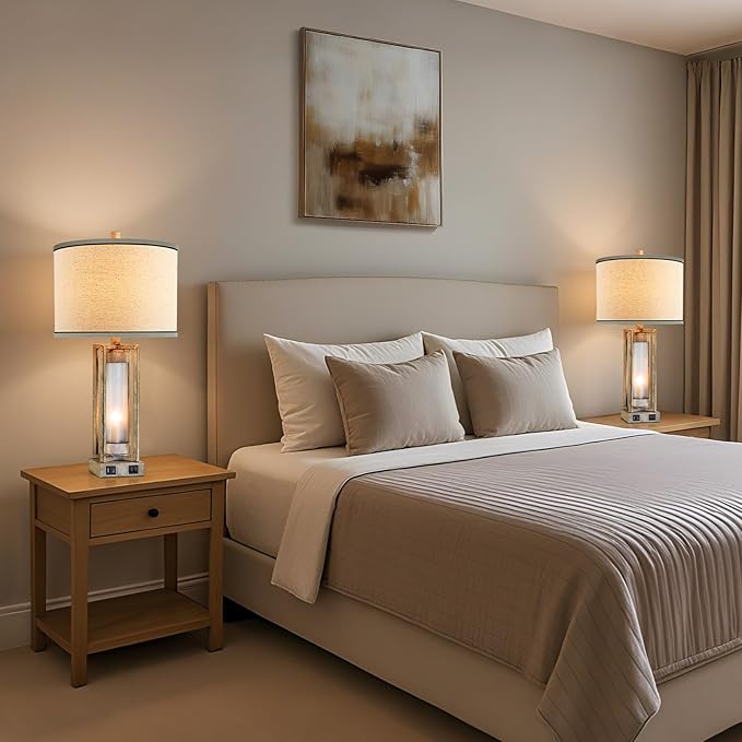 RORIANO 25" Set of 2 Farmhouse Table Lamps for Living Room with USB A+C Ports, Rustic Nightstand Lamp with White Night Light, Vintage Desk Lamp for Entryway Bedroom End Table, 4 Bulbs Included