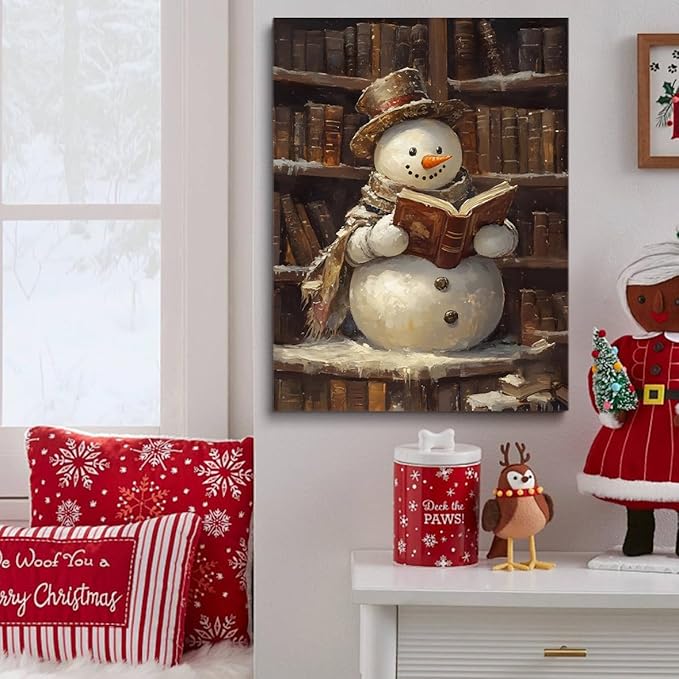 Framed Cute Snowman Reading Book Art posters Christmas Canvas Print Wall Art Christmas Prints Winter Wall Art Snowman Decor Academia Art Holiday Decor 24x36 framed