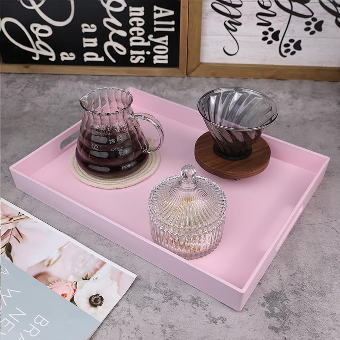 Pink Serving Tray for Coffee Table, Rectangular Plastic Decorative Tray with Handles for Entertaining, Outdoor Patio, Living Room, Ottoman, Bathroom Counter, 11.8”*15.7”*1.6”