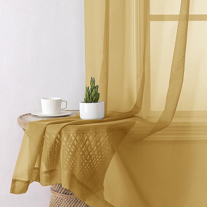 Aiyufeng Gold Sheer Curtain 90 Inches Long 2 Panels Set, Light Filtering Gold Window Curtain Drapes Treatment for Kitchen, Bedroom,Children Room, Dual Rod Pocket, 2 Pack of 42 x 90"