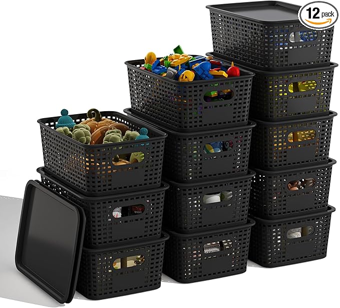 Black Plastic Storage Baskets with Lids 12 Pack Stackable Storage Bins Containers for Shelves Organizing, Cute Decorative Storage Boxes for Classroom, Playroom, Closet, Pantry