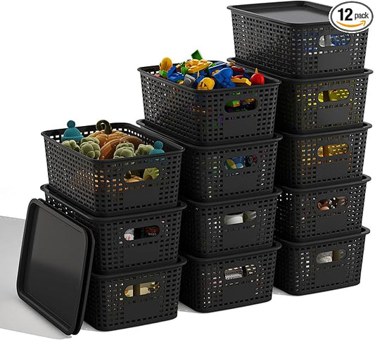 Black Plastic Storage Baskets with Lids 12 Pack Stackable Storage Bins Containers for Shelves Organizing, Cute Decorative Storage Boxes for Classroom, Playroom, Closet, Pantry