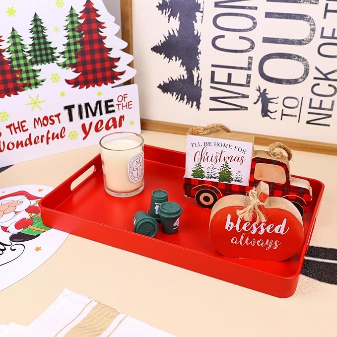 Red Decorative Serving Tray with Handles, Plastic Coffee Table Tray for Outdoor Patio, Living Room, Ottoman, Bathroom Counter, 10.2”*15.7”*1.4”