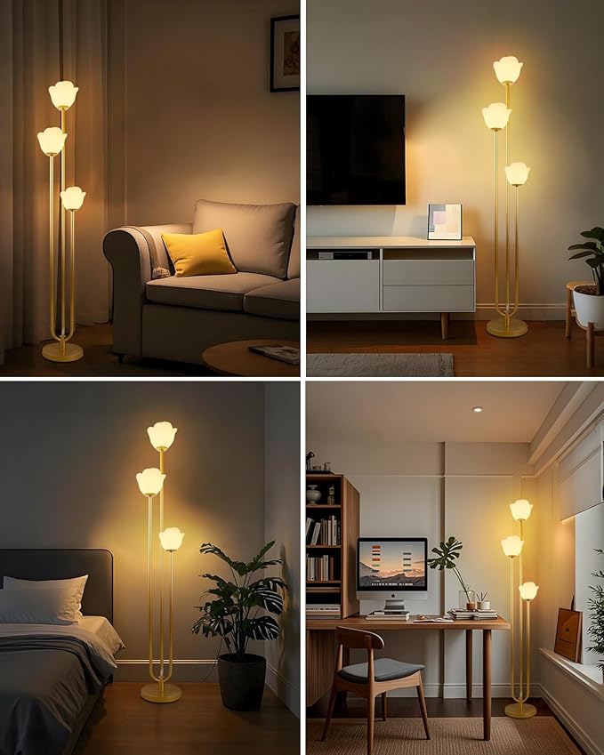 Lightdot 63IN Floral Floor Lamp 3-Lights Flower LED Floor Lamps with 3000K Warm White Bulbs with Candle Holder Style for Wedding Party Modern Gold Tall Floor Lamp for Living Room/Bedroom
