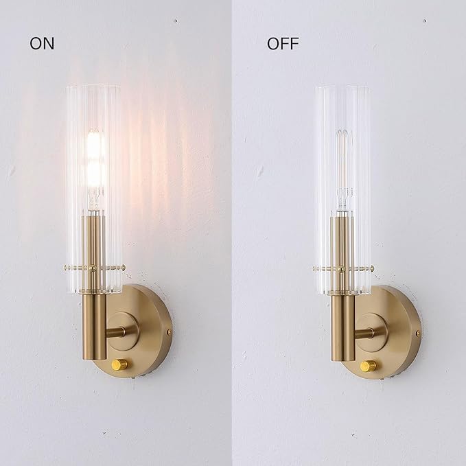 Modern Wall Sconces with Dimmer ON/Off Switch Gold Brushed Brass Bathroom Vanity Light Fixtures Striped Clear Glass Shades Indoor Wall Light for Mirror Living Room Bedroom Hallway Staircase