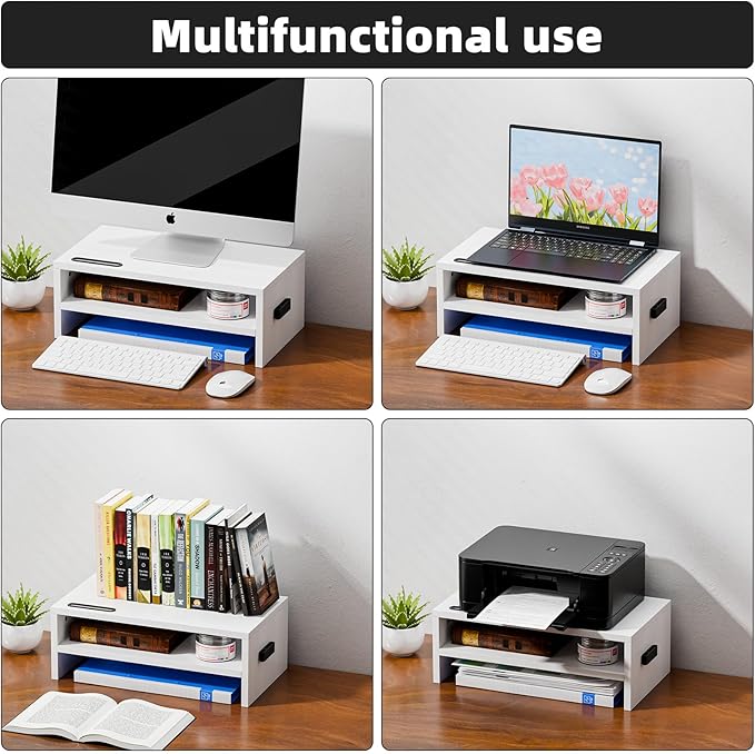 Marbrasse Monitor Stand Riser, 16.5 Inch 2 Tier Computer Printer Shelf Stand for Laptop Computer Screen Storage, Desktop Stand with Phone Holder and Cable Management (White)