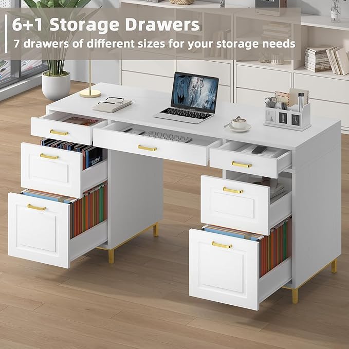 White and Gold Desk with 2 File Drawers, 57 Inch Office Computer Desk with 7 Drawers, White Desk with Storage, Wooden Executive Desk for Office, Workspace for Work Study Writing