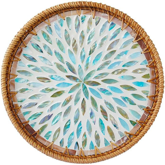 Rattan Serving Tray with Mother of Pearl, Round Coffee Table Tray Decor, Boho Decorative Round Hand-Woven Wicker Home Decor (Galaxy Blue, 12 inch)