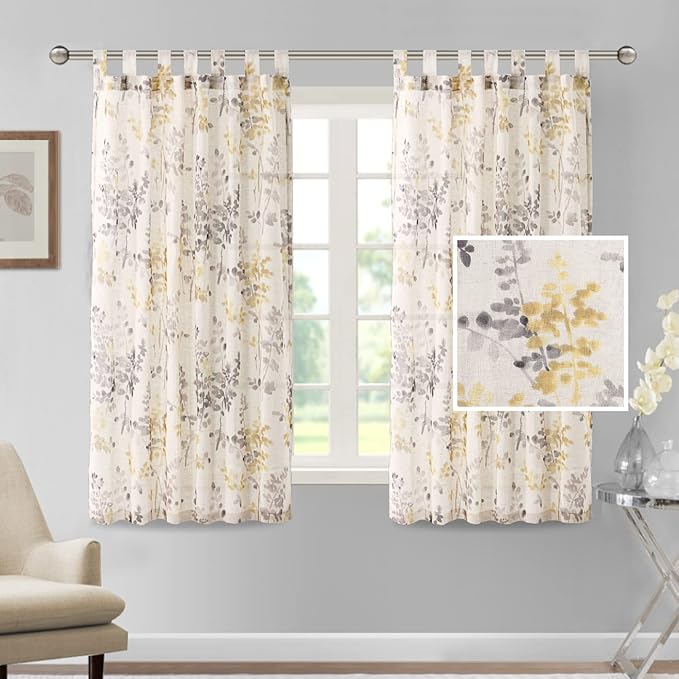 H.VERSAILTEX Linen Sheer Curtains for Living Room Sheer Panels 63 Inches Long Light Filtering Tab Top Window Treatment Drapes for Bedroom, 2 Panels, Vintage Classical Floral Print Yellow and Taupe