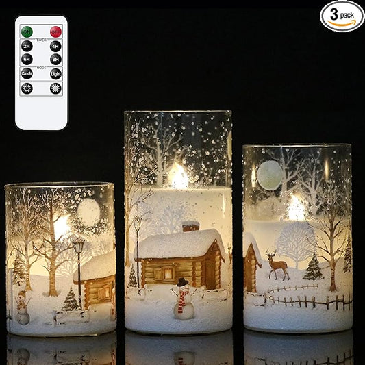 DRomance Snowman Glass Flameless Candles Battery Operated with Remote and Timer Real Wax LED Flickering Pillar Candles White Cold Light Window Christmas Holiday Decor D3 x 4",5",6"