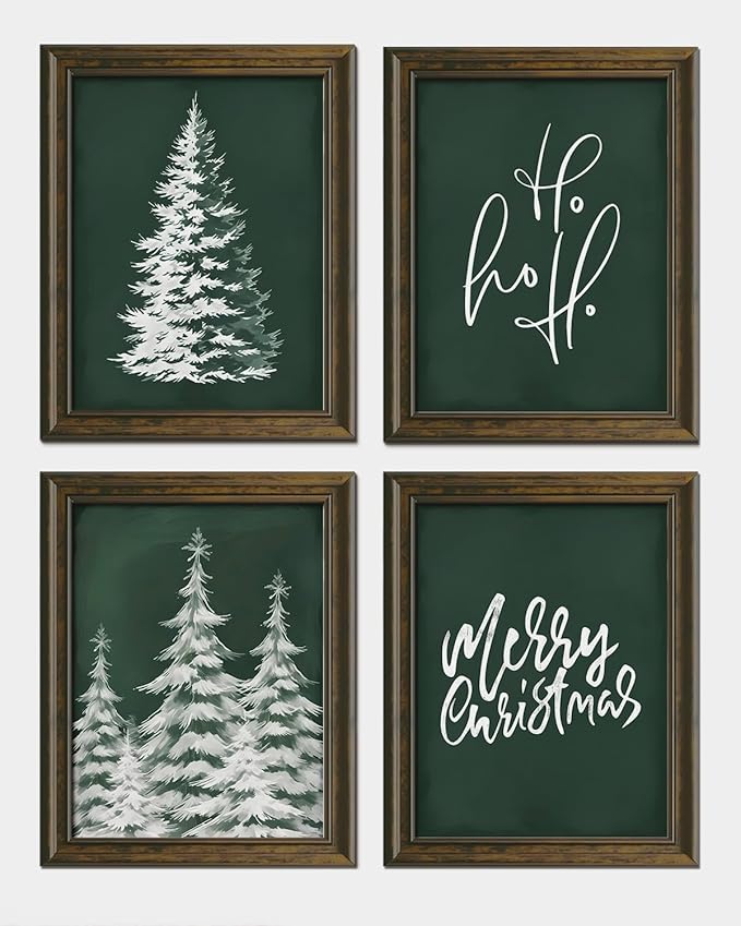 Wheatwin Vintage Christmas Green Wall Art Prints Set of 4, Merry Christmas Sign Decor Wall Art Poster Decorations for Bathroom Living Room Bedroom, 12x16 (Unframed)