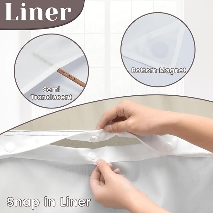 No Hook Slub Textured Shower Curtain with Snap in Liner - Linen Fabric Outer Curtain & Waterproof Inner Liner, Hotel Style with See Through Top Window, 71x86 in