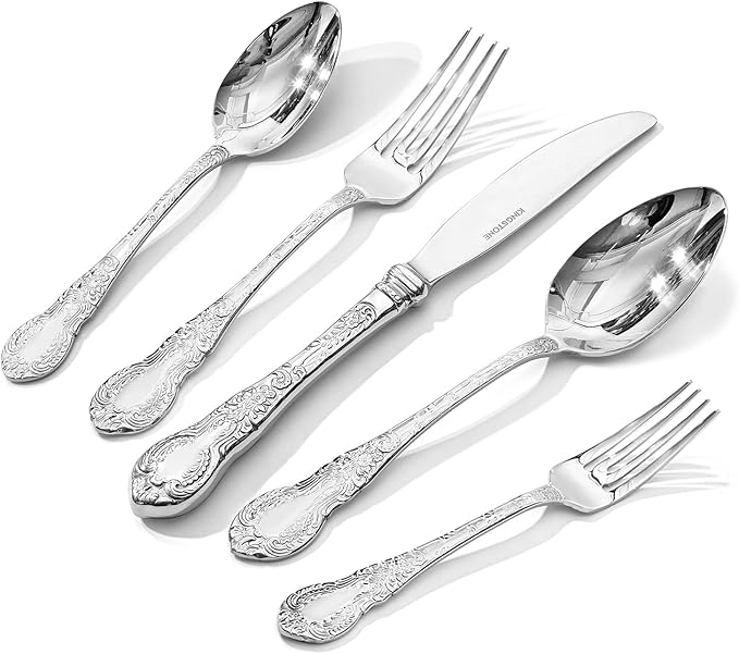 KINGSTONE Vintage Carved Silverware Set, 10-Piece 18/10 Stainless Steel Flatware Cutlery Set with Retro Royal Thick Handle, Tableware Utensils for Home, Restaurant, party, Wedding, Dishwasher Safe