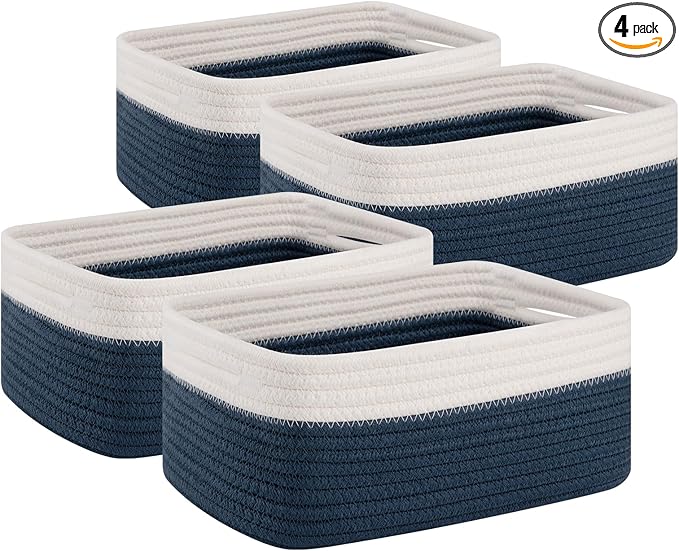 OIAHOMY 4 Pack Storage Baskets for Organizing, Small Bins for Shelves, Cute Decorative Storage Bins, Organizer Baskets for Gifts Empty, 11.8''Lx7.8''Wx4.7''H, Blue/White