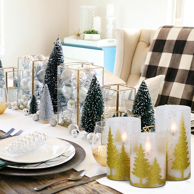 DRomance Christmas Tree Glass Flameless Candles with Remote Timer Battery Operated Real Wax 3D Wick LED Flickering Pillar Candles Christmas Holiday Decor(Gold, 3 x 4,5,6 Inch)