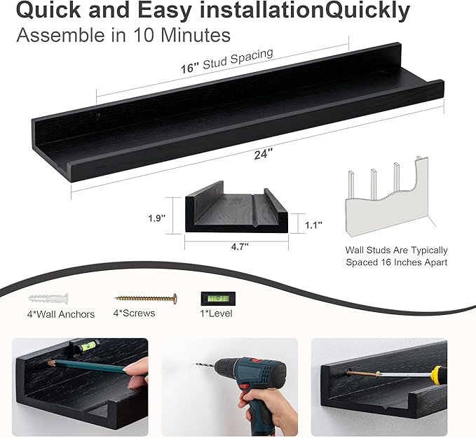 Floating Picture Ledge Shelves 24 Inch Solid Oak Wood Set of 2, Rustic Wall Storage Shelves with Lip, Kids Bookshelf, Photo & Picture Ledge Shelves for Bedroom, Living Room, Kitchen