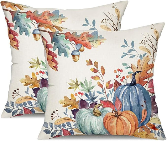DFXSZ Fall Pillow Covers 16x16 inch Set of 2 Blue and Green Watercolor Pumpkin Fallen Leaves Decorative Throw Pillow Covers Autumn Thanksgiving Farmhouse Decoration for Home Couch TH27-E16