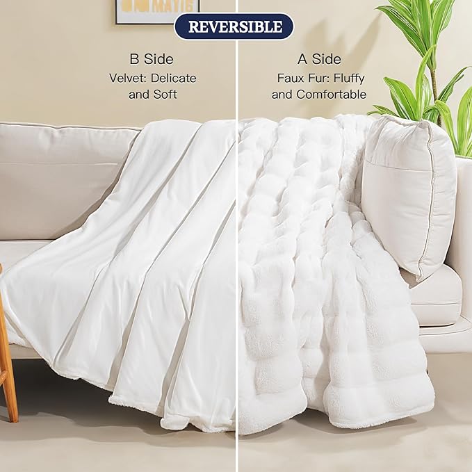 NEXHOME PRO Faux Fur Twin Blanket, Ultra Soft Cozy Warm Fuzzy Fluffy Plush Reversible Blanket for Couch, Sofa, Bed, Home Decor Gift, White 6080