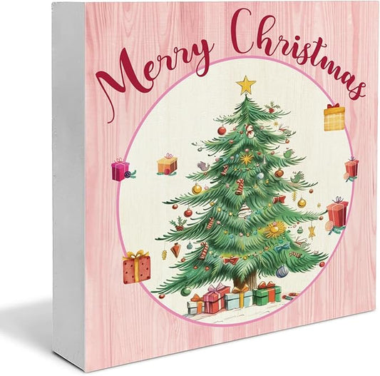 Pink Christmas Wooden Sign - Merry Christmas Home Decor, 5 x 5 Inch