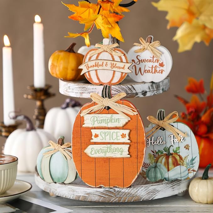 5 Pcs Fall Pumpkin Decor for Home Thanksgiving Novel Wooden Table Centerpiece Decorations Light Green Fall Wooden Pumpkin Signs for Autumn Farmhouse Kitchen Mantle Tabletop Supplies