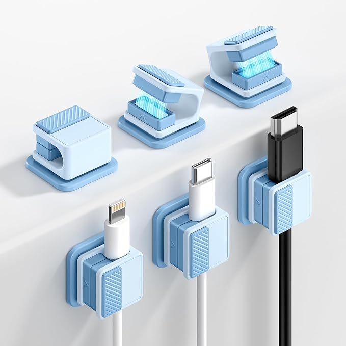 6 Pack Magnetic Cable Clips, Glow in The Dark Cable Holders, GolbinBox Cord Organizer with Shockproof Silicone, Fits up to 8mm Adhesive Cord Clips for Desk, Wall, Nightstand, Car, Home, Office, Blue