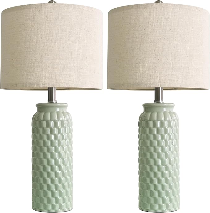 24" Modern Ceramic Green Bedside Lamp Set of 2 Table Lamp for Bedroom Decor Farmhouse Table Lamp for Living Room Office Dorm