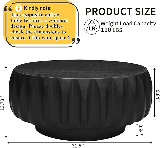31.5" Round Black Coffee Table - Mid Century Modern Solid Wood Coffee Tables with Fluted Design for Living Room, Small Space, Apartment (Black)