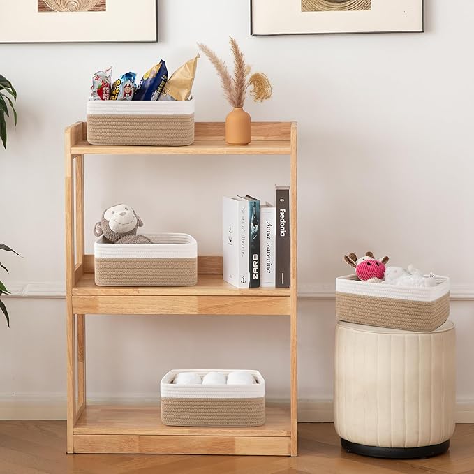 OIAHOMY 4 Pack Storage Baskets for Organizing, Small Bins for Shelves, Cute Decorative Storage Bins, Organizer Baskets for Gifts Empty, 11.8''Lx7.8''Wx4.7''H, Yellow/White