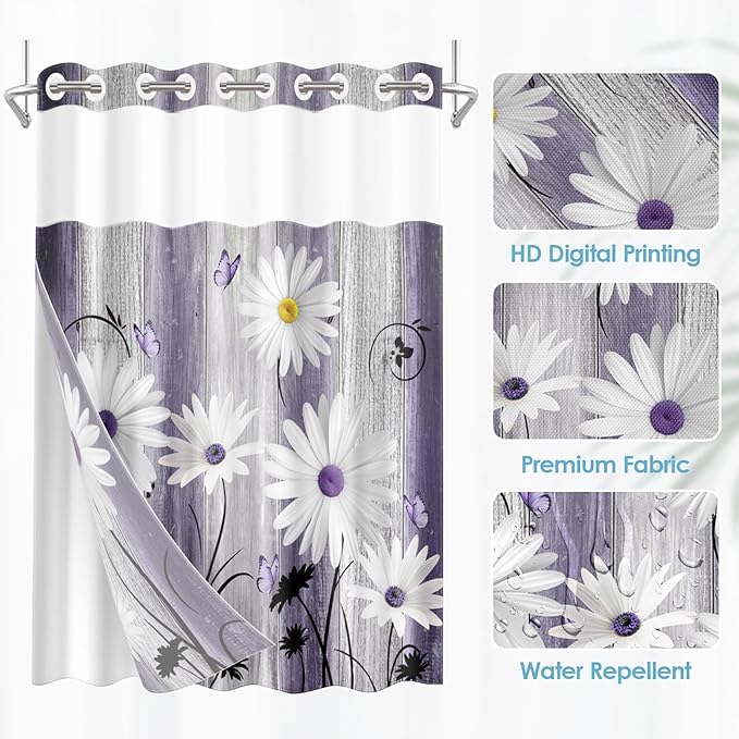 No Hook Flower Daisy Shower Curtain with Snap in Fabric Liner Set, Purple Wooden Boards Double Layers Waterproof Fabric with See Through Top Window Open Grommet Bath Curtain 71x74 Inch