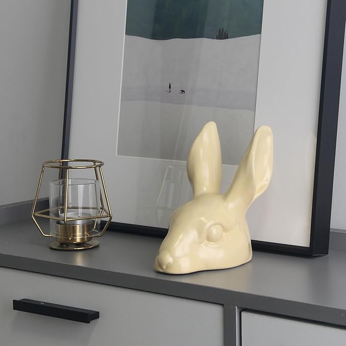 Shelf Decor Ceramic Rabbit Statue - Handmade Yellow Cute Figurines for Home Office Decor, Healing Gifts for Rabbit Lovers (Lemon Yellow, 3.74×5.31×6.1 inches)