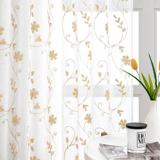 HOMEIDEAS Yellow Sheer Curtains 84 Inches Long 2 Panels Yellow and White Embroidered Floral Pattern Semi Sheer Window Curtains for Bedroom Living Room