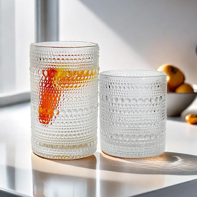 Vintage Hobnail Driinking Glasses Set, Glassware Drinking Set of 8, 12 oz Highball Glasses & 10 oz Cocktail Glasses, Tumbler Glasses for Cocktails, Whiskey, Juice, Milk