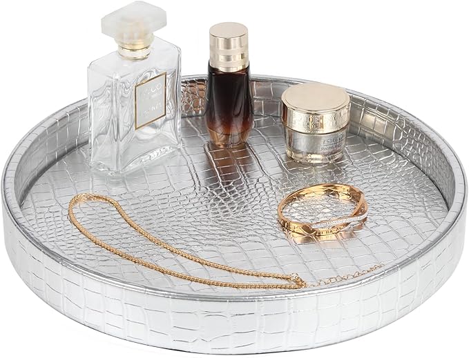 HofferRuffer Faux Leather Round Serving Tray, Vegan Croco Leather Decorative Tray, Food Tray for Storage Drinks, Snack & Cosmetics, Dia.12'' x 1.6'' (Silver)