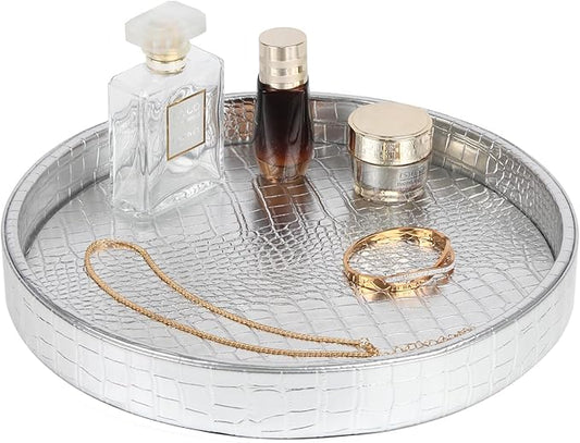 HofferRuffer Faux Leather Round Serving Tray, Vegan Croco Leather Decorative Tray, Food Tray for Storage Drinks, Snack & Cosmetics, Dia.12'' x 1.6'' (Silver)