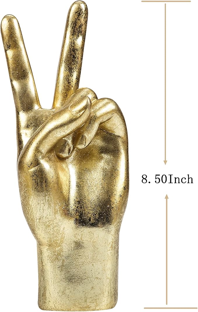 Gold Decor Peace “Victory” ASL Hand Sign, Classic Gesture Hand Sculpture 8.46 Inch Figurine