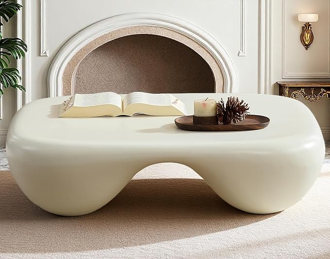 40" Cloud Modern Coffee Table with Curved Design, Fiberglass Minimalist Center Table, Contemporary Stone Accent Table for Living Room, Apartment, No Need Assembly